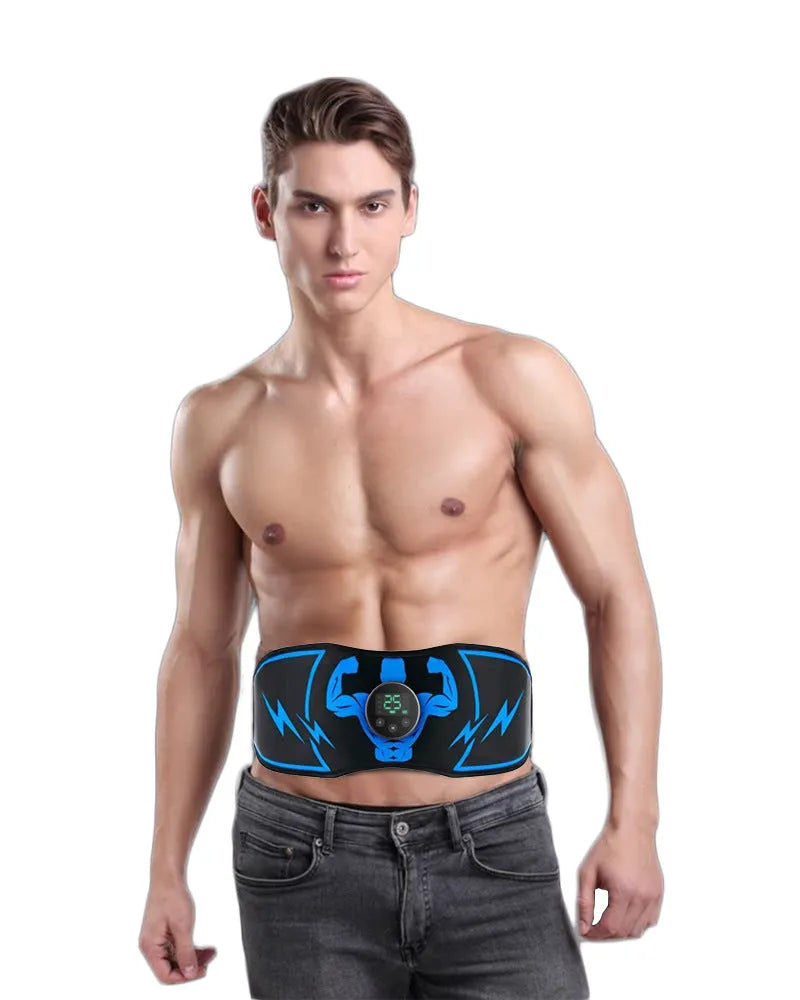 EMS abdominal belt with blue host unit and wireless remote control for muscle stimulation