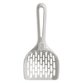 Grey plastic cat litter scoop with integrated base on a white background