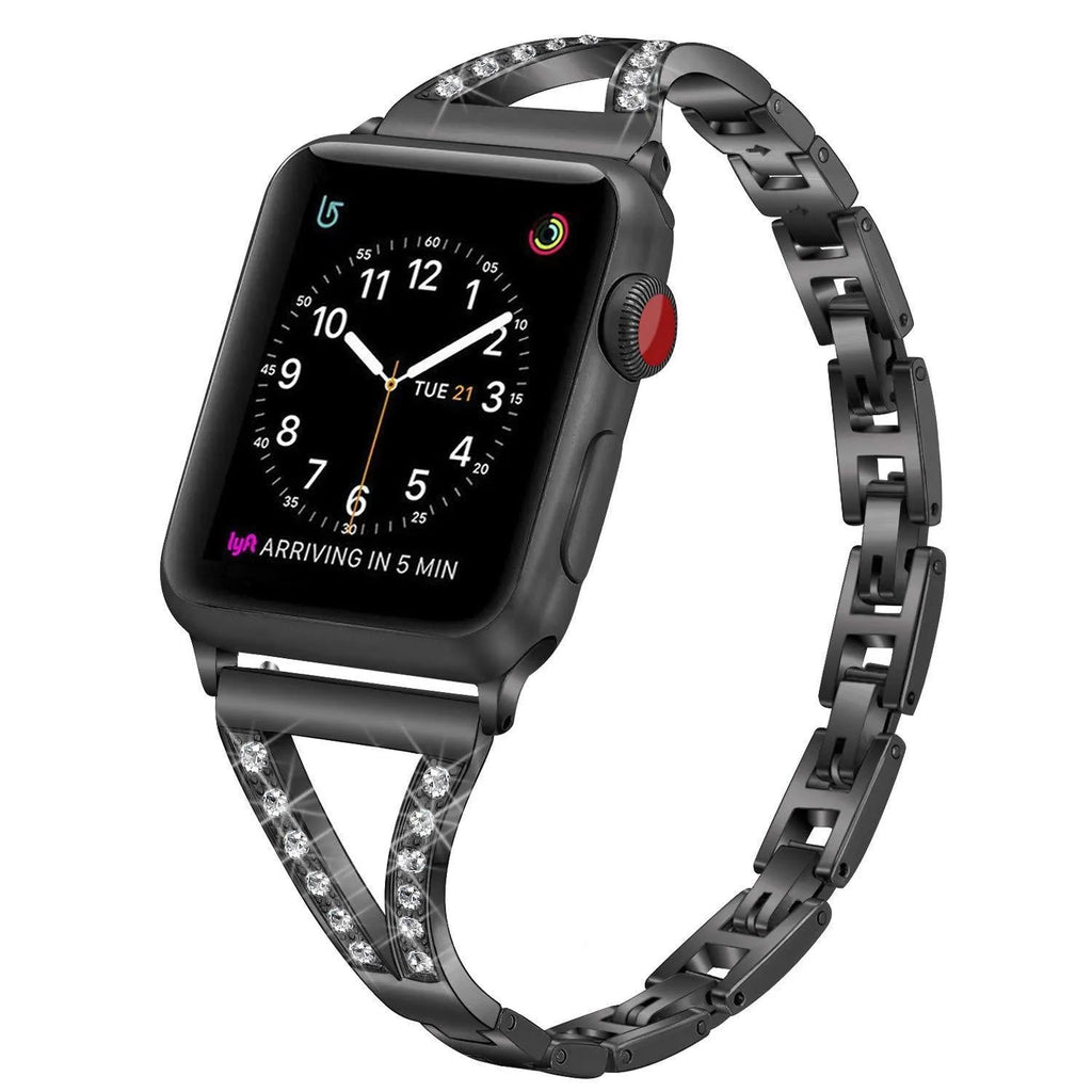 Silver herringbone diamond pattern metal band for Apple Watch on a wrist, showing adjustable links.