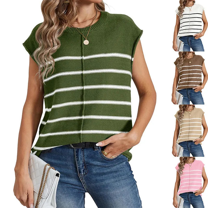 Women's striped sleeveless pullover top with bone stitching seam detailing in multiple colour options