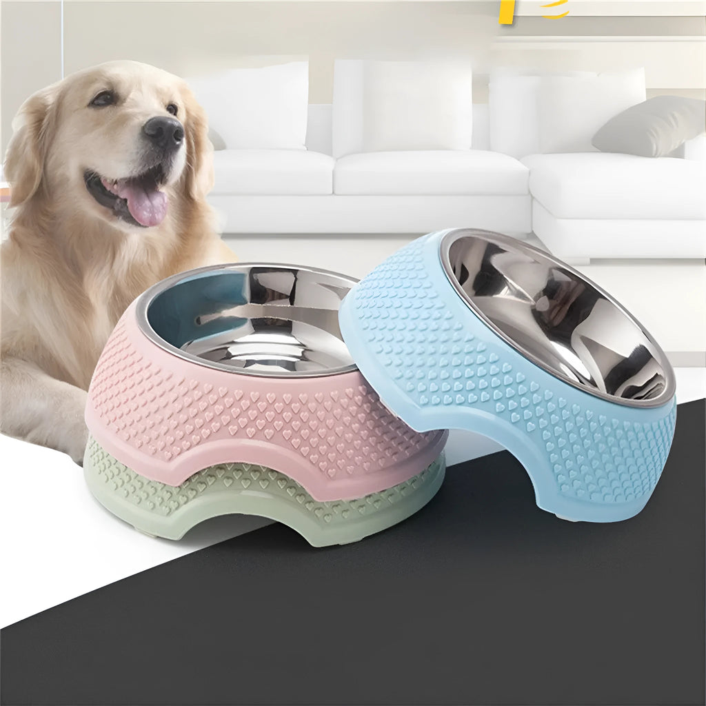 Stainless steel pet bowl with non-slip base in blue colour
