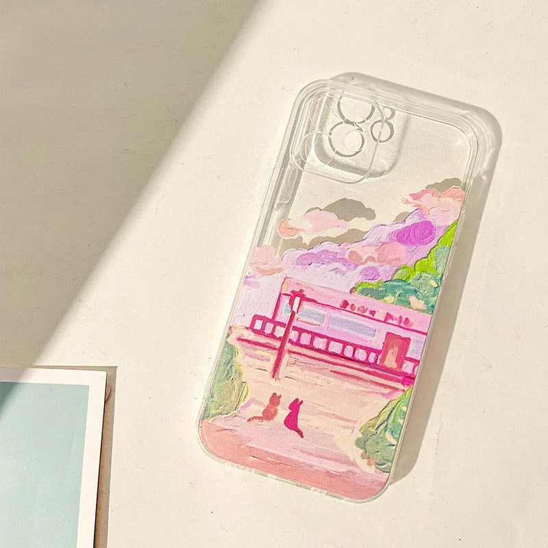 Soft silicone mobile phone case featuring a colourful two cat cartoon print on the back.
