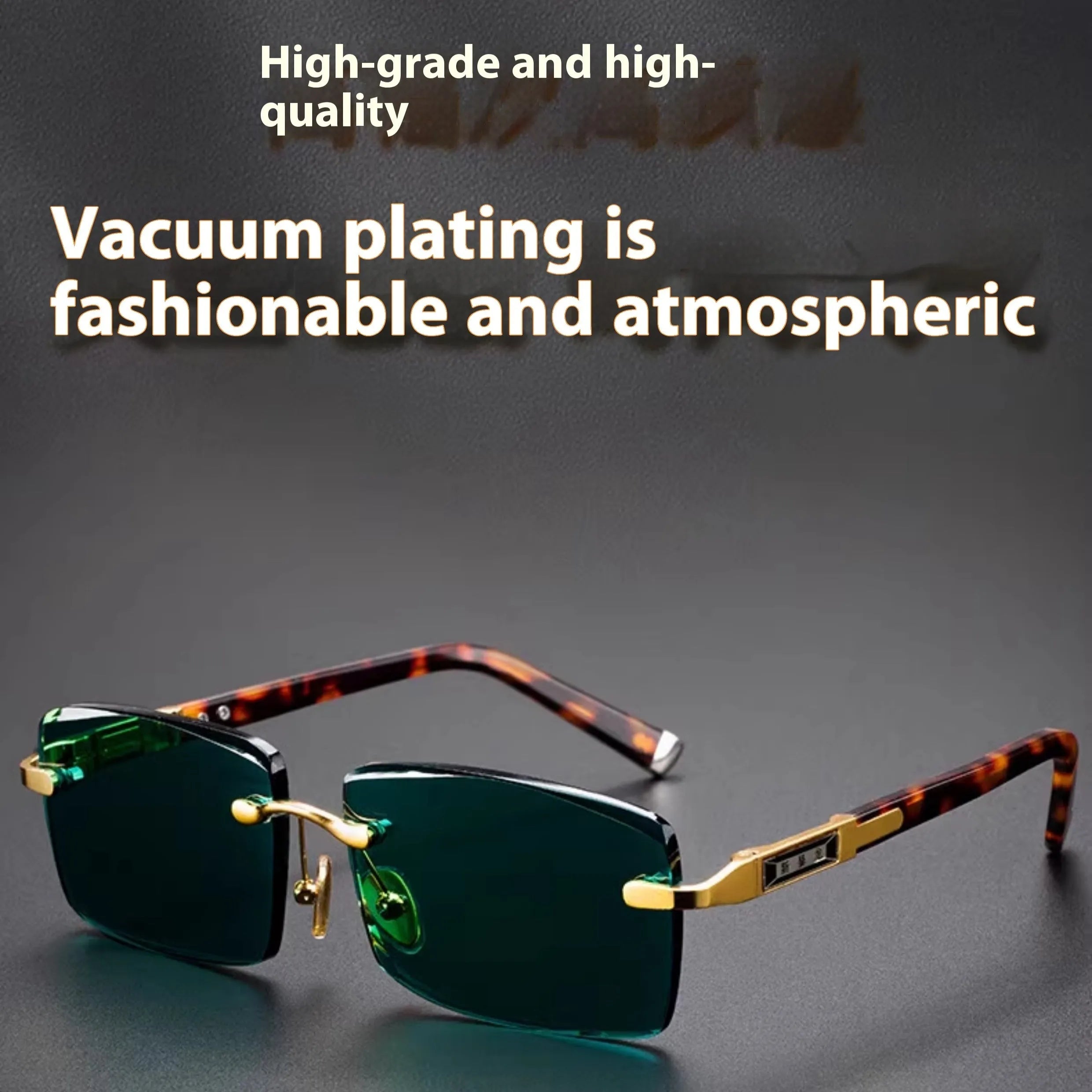 Frameless dark green crystal sunglasses shown with a glasses case and a lens cloth.