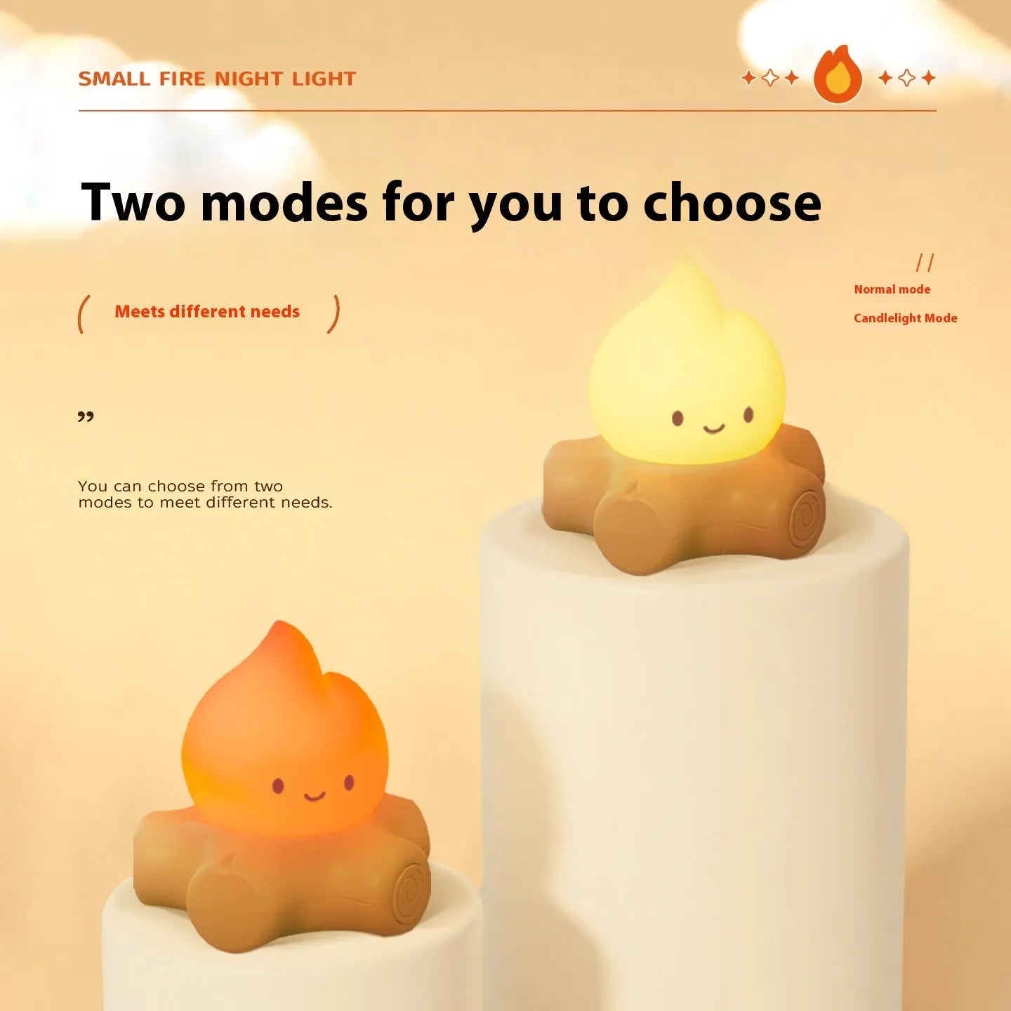 Cartoon-style silicone fire pile night lamp with yellow light and built-in battery