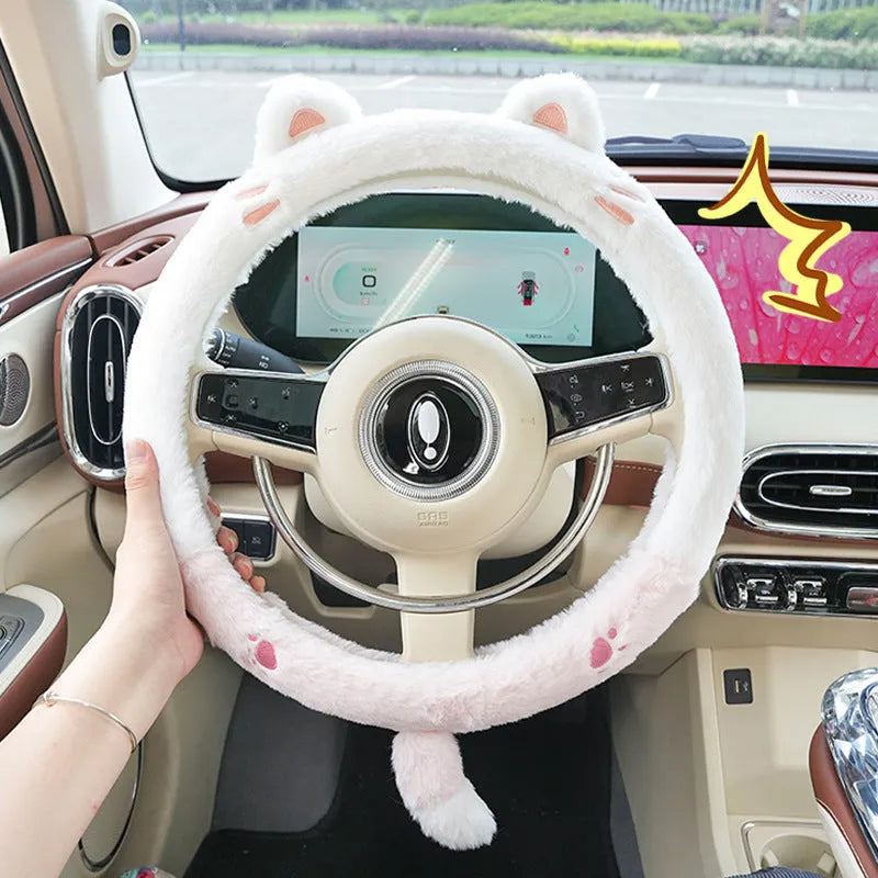 38cm plush winter car steering wheel cover with embroidered animal design