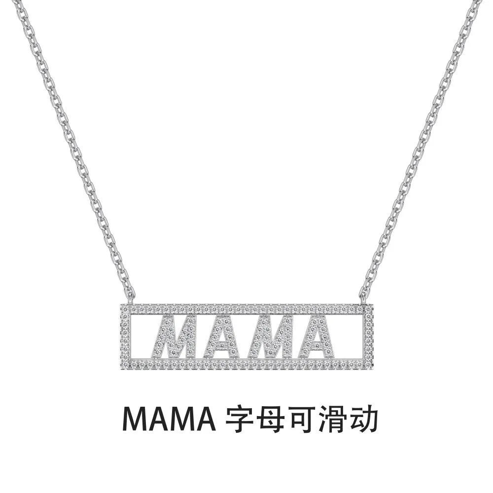 Women's 925 silver MAMA letter necklace with inlaid zircon stones, gold finish, simple style