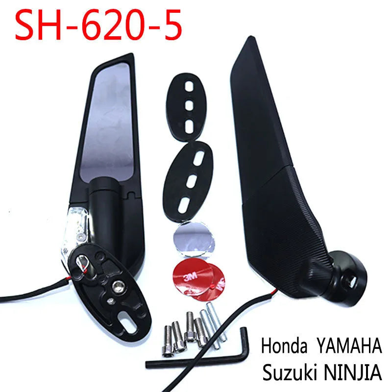 Pair of die-cast aluminium motorcycle spoiler rearview mirrors with integrated yellow safety lights.