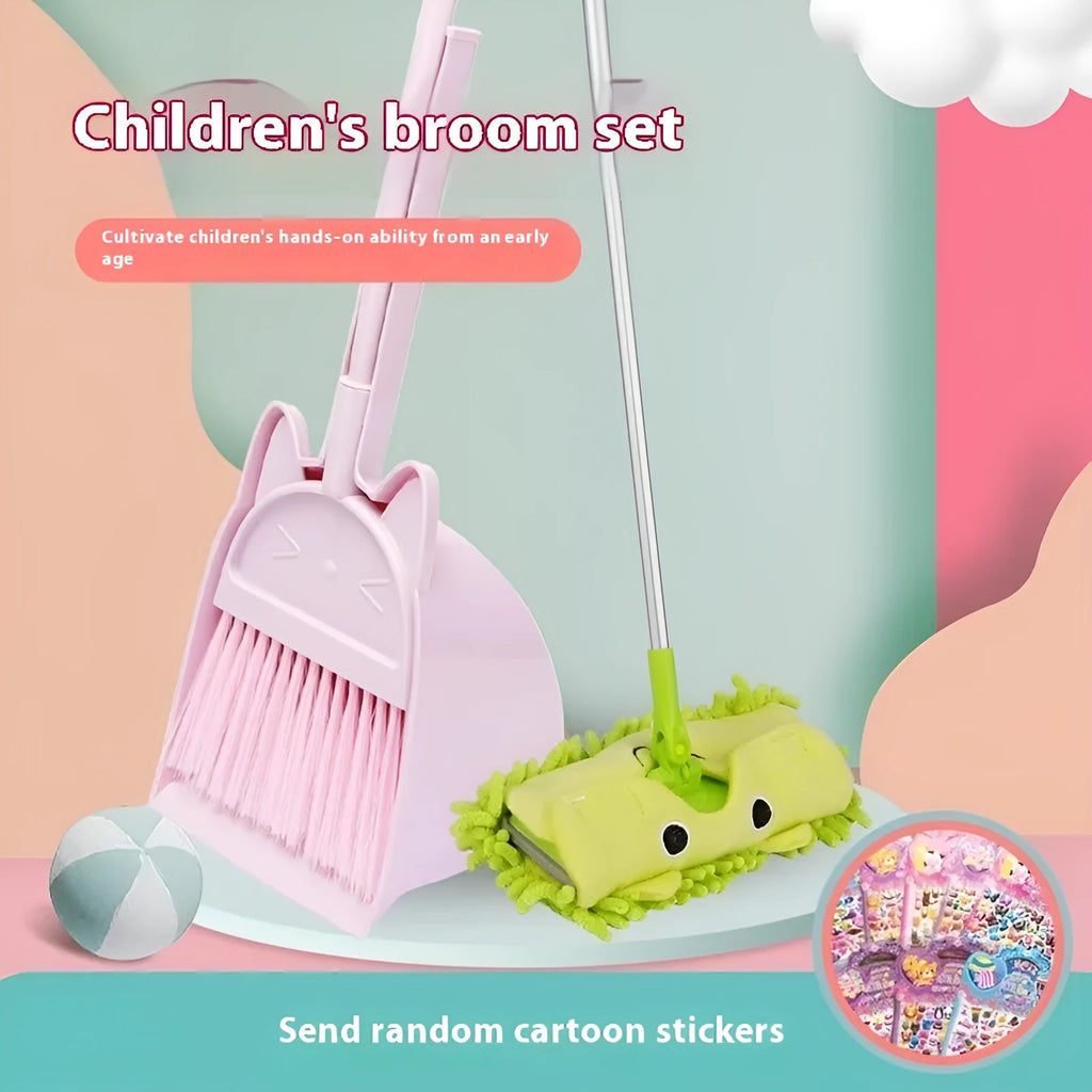 Green plastic broom and dustpan set showing the broom's rotating head and long bristles.