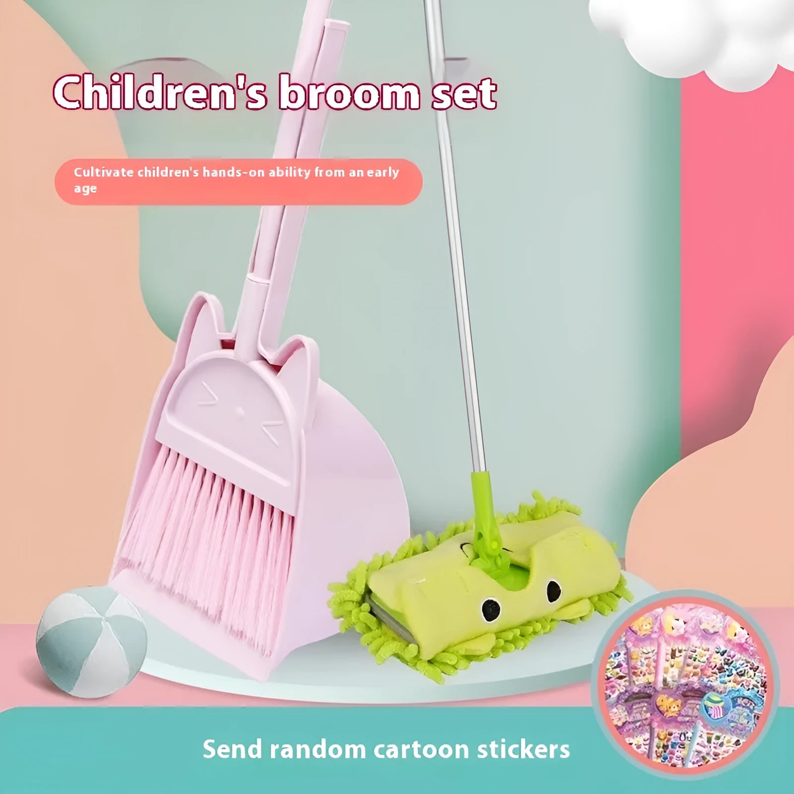 Green plastic broom and dustpan set showing the broom's rotating head and long bristles.