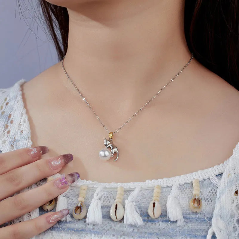 925 sterling silver clavicle chain with cat charm and electroplated finish in D3247 colour