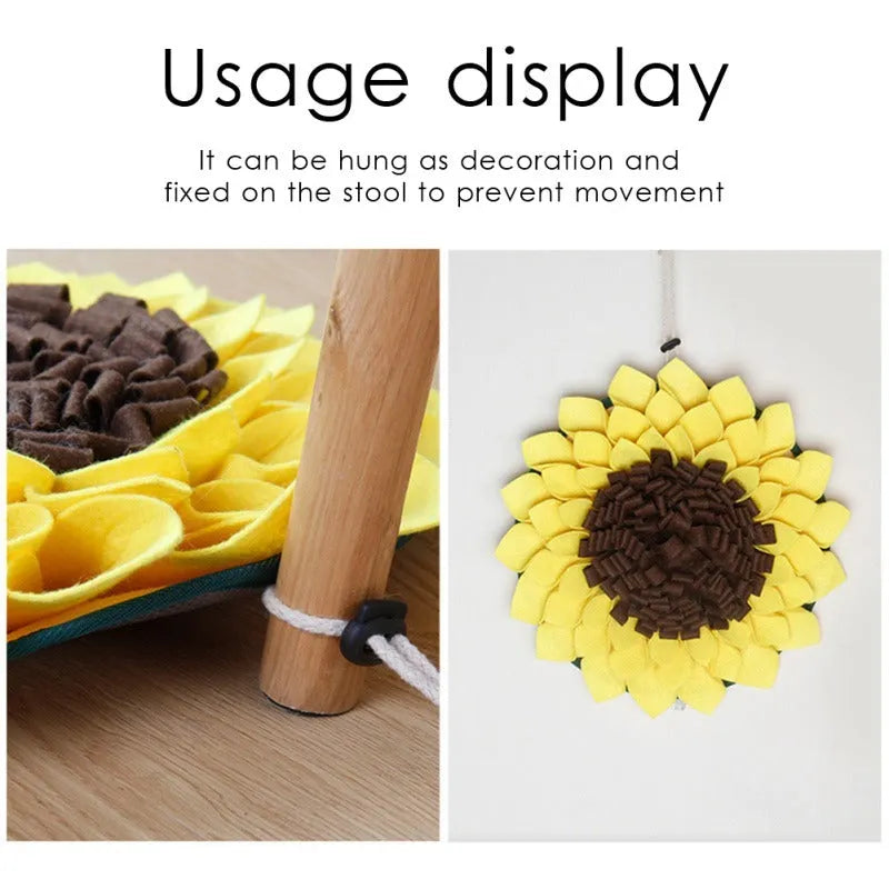 Yellow sunflower-shaped dog snuffle mat with fabric layers for hiding treats during nosework training