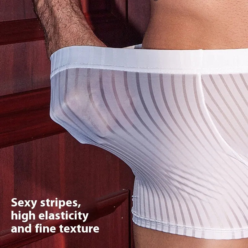 Men's striped boxer briefs in nylon fabric, black white dark grey colours, free size elastic construction