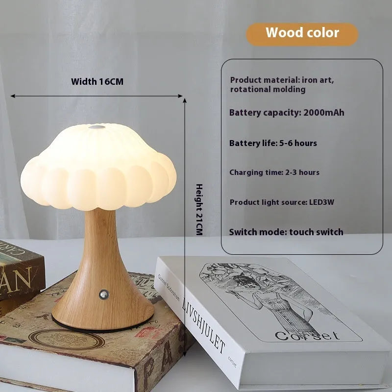 Wood grain coloured mushroom-shaped touch lamp with USB charging port on a table