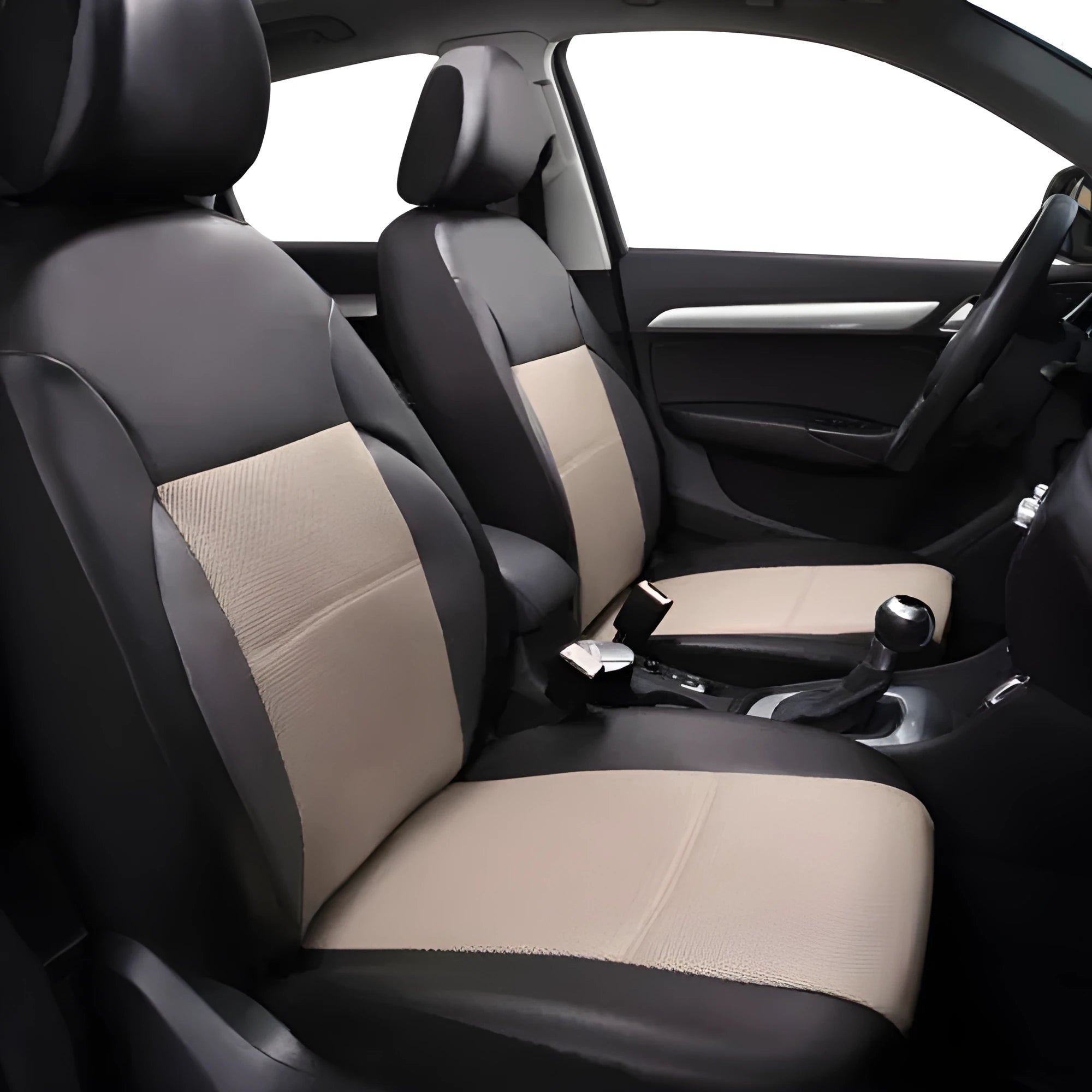 Artificial leather car seat covers in a choice of colours, shown in 2-piece, 4-piece, and 9-piece set configurations.