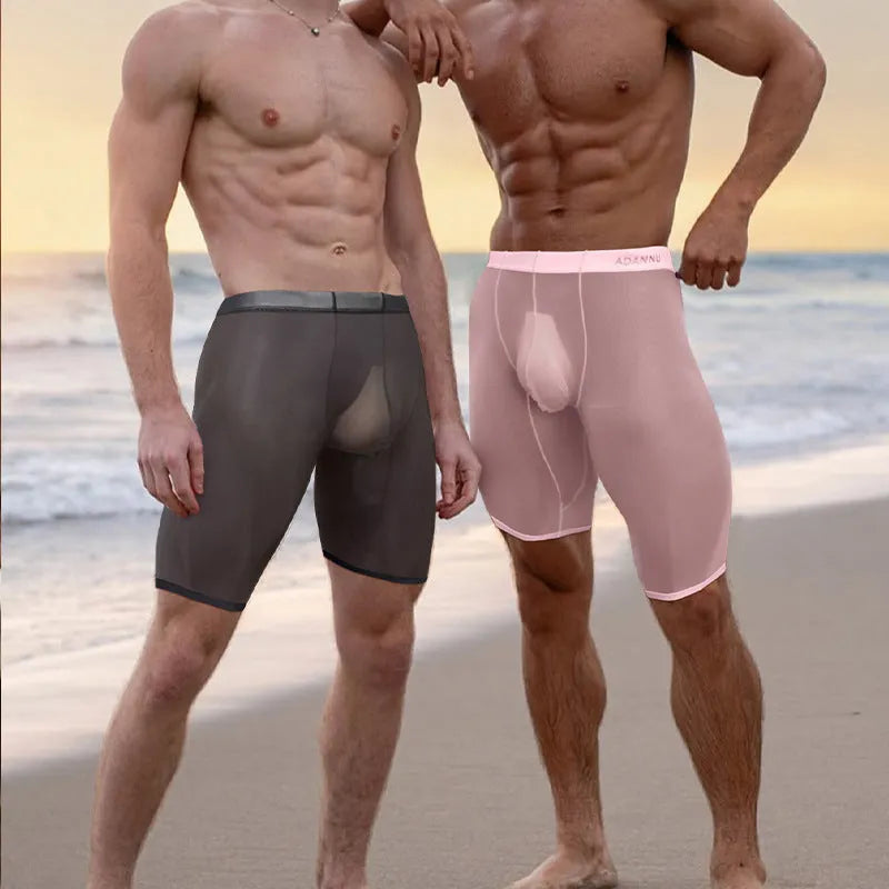 Men's knitted nylon mesh home shorts in solid colour with seamless construction