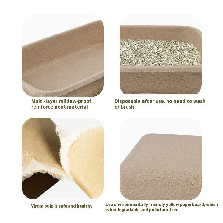 Brown disposable biodegradable cat litter box shown in three different size variants.