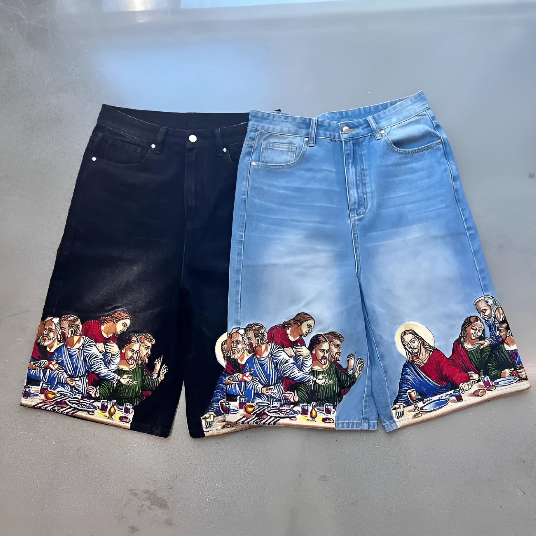 Men's tapered cotton shorts with Jesus print on back pocket in blue or black colours