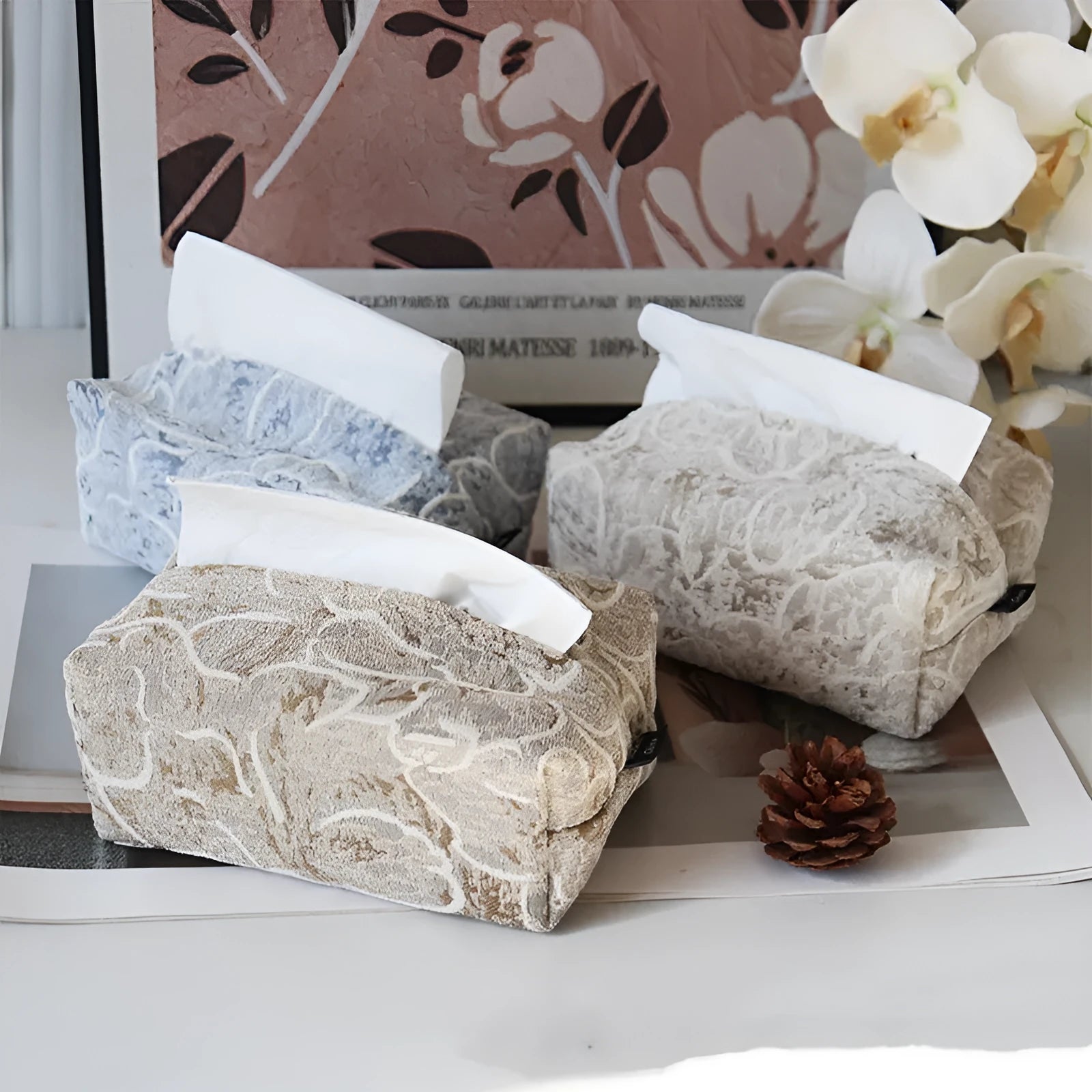 Chinese style floral cotton tissue box cover in beige, blue, or brown for living room
