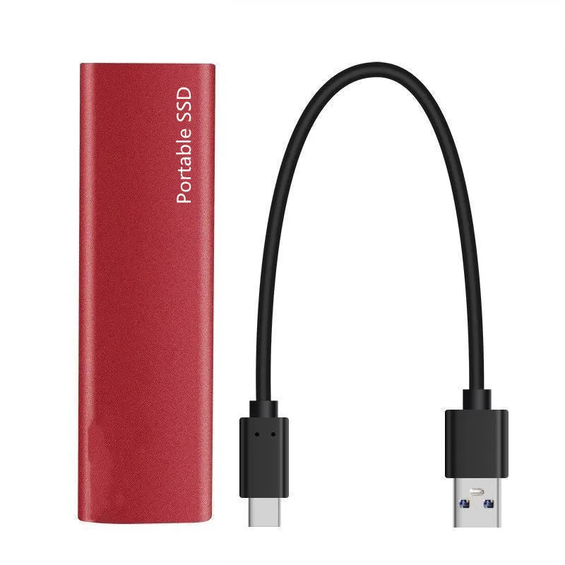 Ultra-thin metal external SSD hard drive shown in red, with high-capacity storage for laptops and computers.