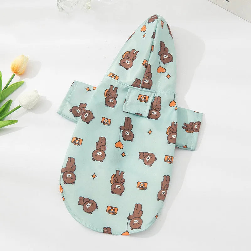 Fashion Pet Raincoat Dog Clothing in polyester with Cute Travel Bear print, available in sizes S to XL