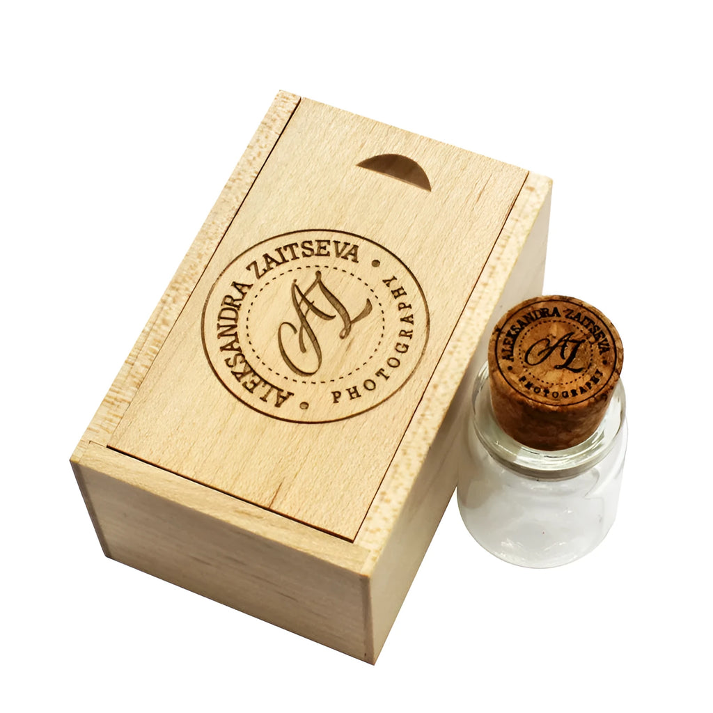 Chocolate brown wooden drift bottle shaped USB flash drive with personalised lettering graphic customisation