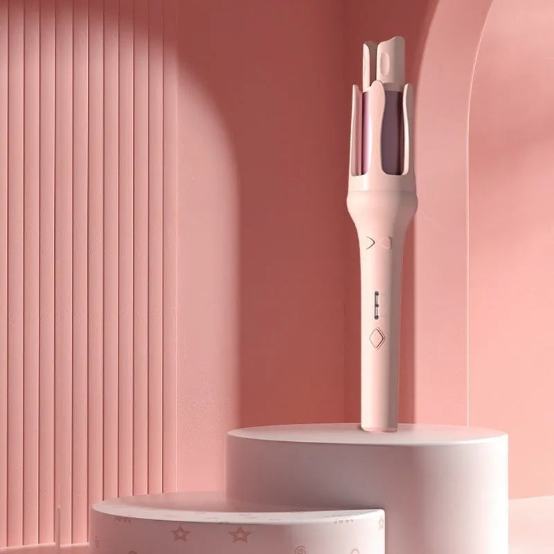 Automatic hair curler with 32mm ceramic barrel in white and pink colour with international power adapters