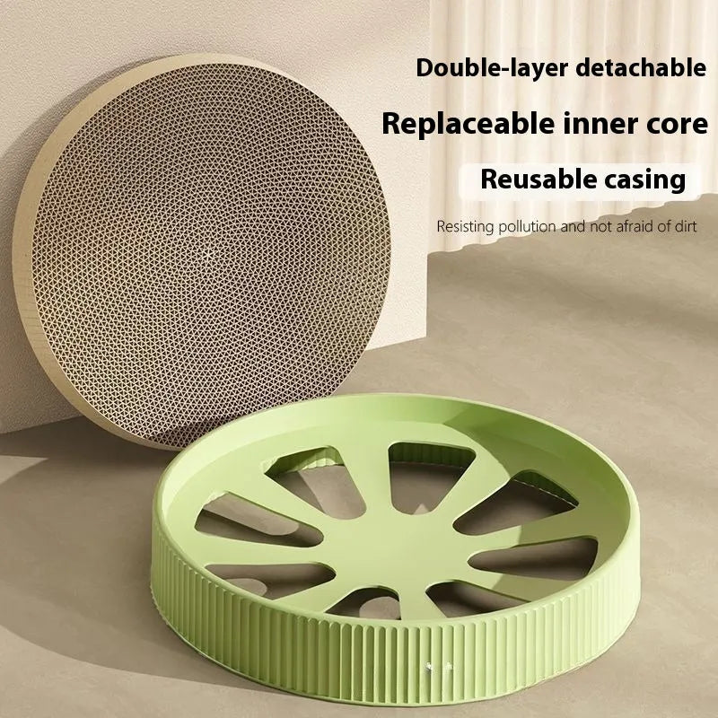 Round green cat scratching board and nest combination with replaceable corrugated cardboard insert