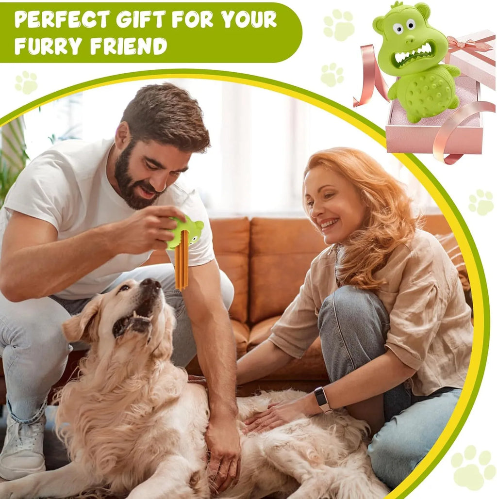 Green and yellow thick natural rubber dog toy with squeaker for aggressive chewers.