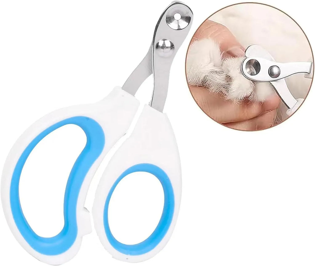 Blue cat nail clippers with circular cutting hole and cushioned non-slip handles on a white background.