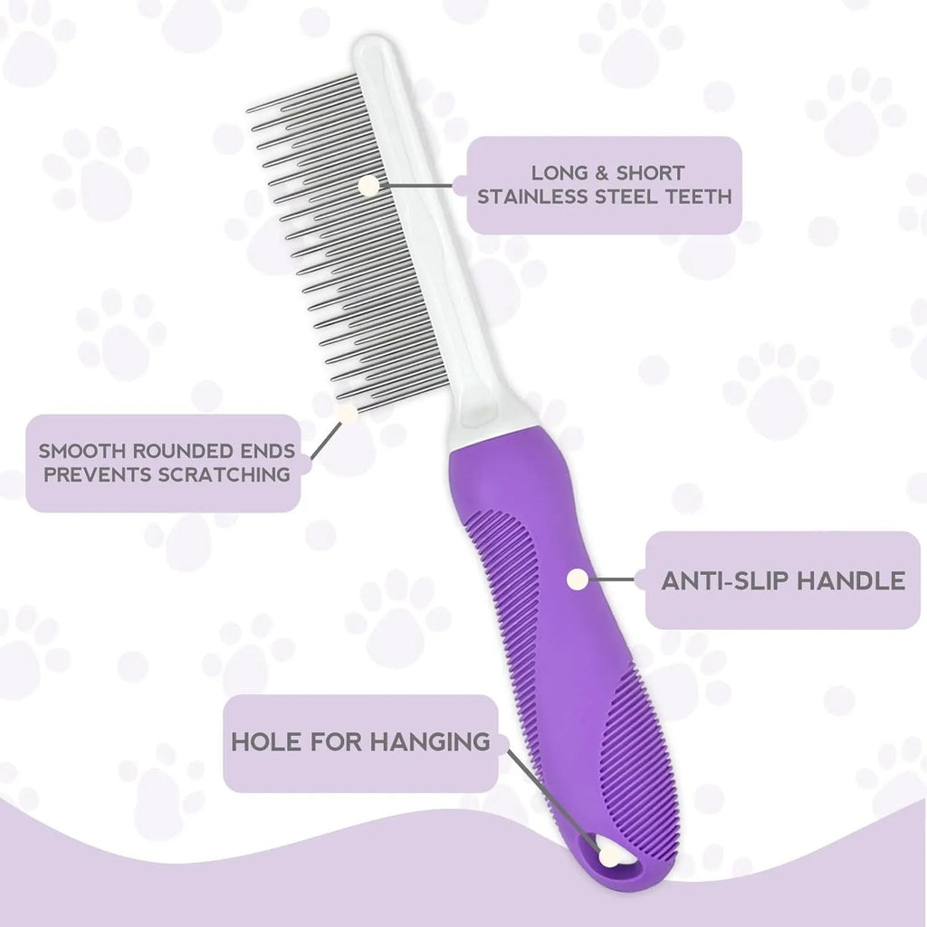 Purple pet grooming comb with stainless steel long and short teeth for detangling dog and cat fur