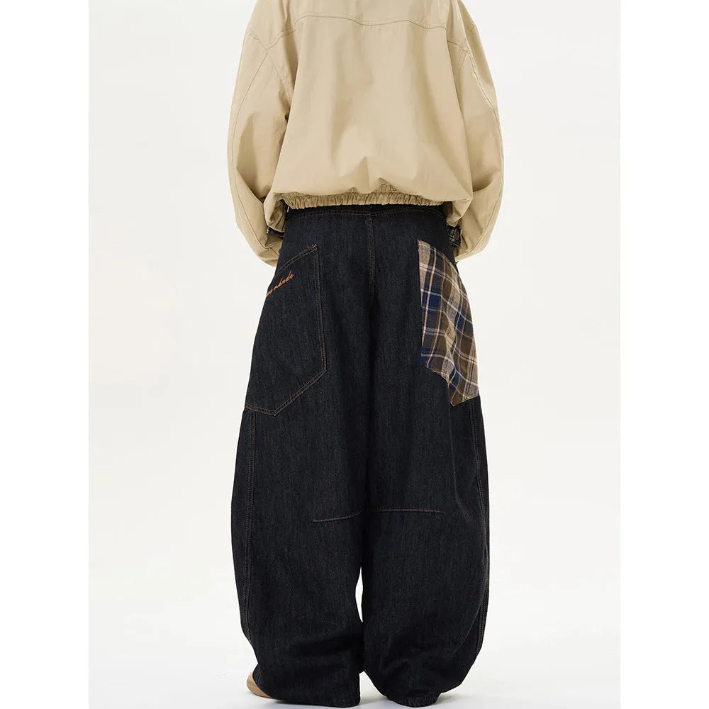 Loose retro casual pants in coffee plaid with mid-waist straight-leg fit, cotton blend material