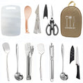 12-piece stainless steel picnic cutlery set in khaki storage bag with fork knife spoon utensils