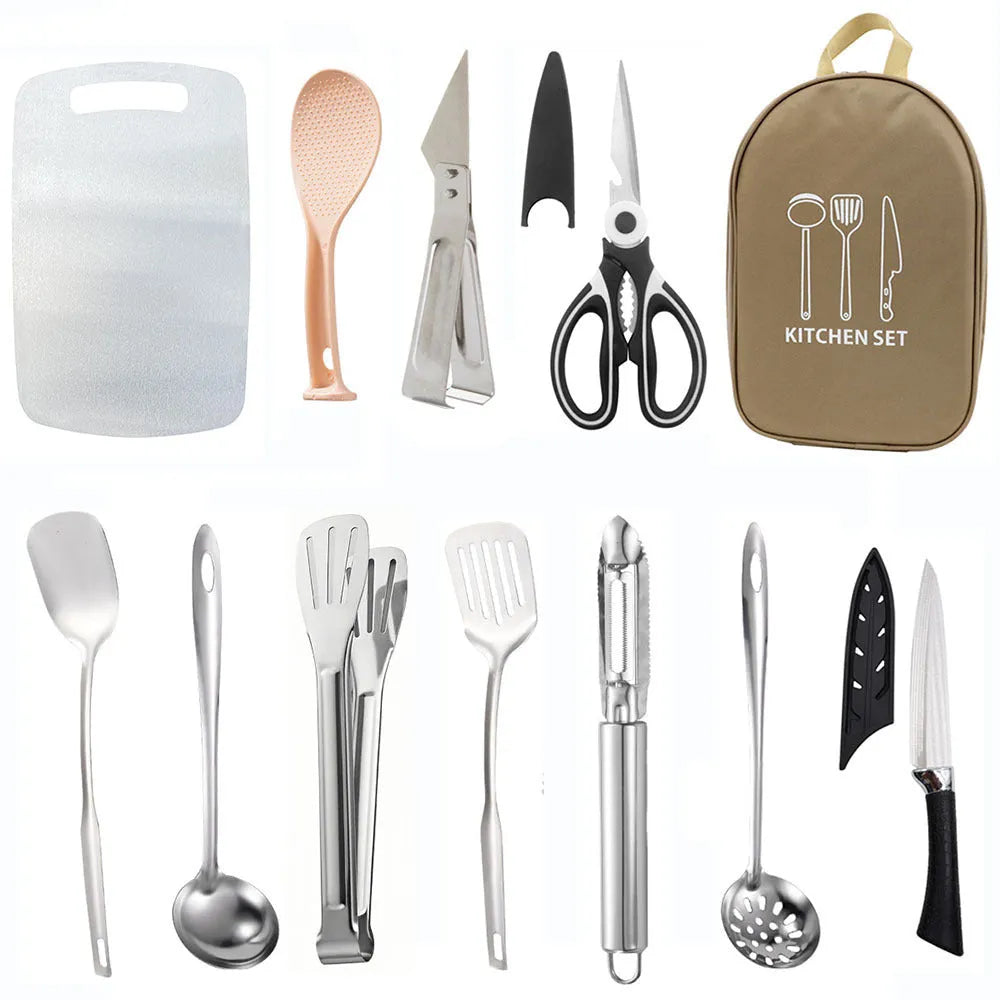 12-piece stainless steel picnic cutlery set in khaki storage bag with fork knife spoon utensils