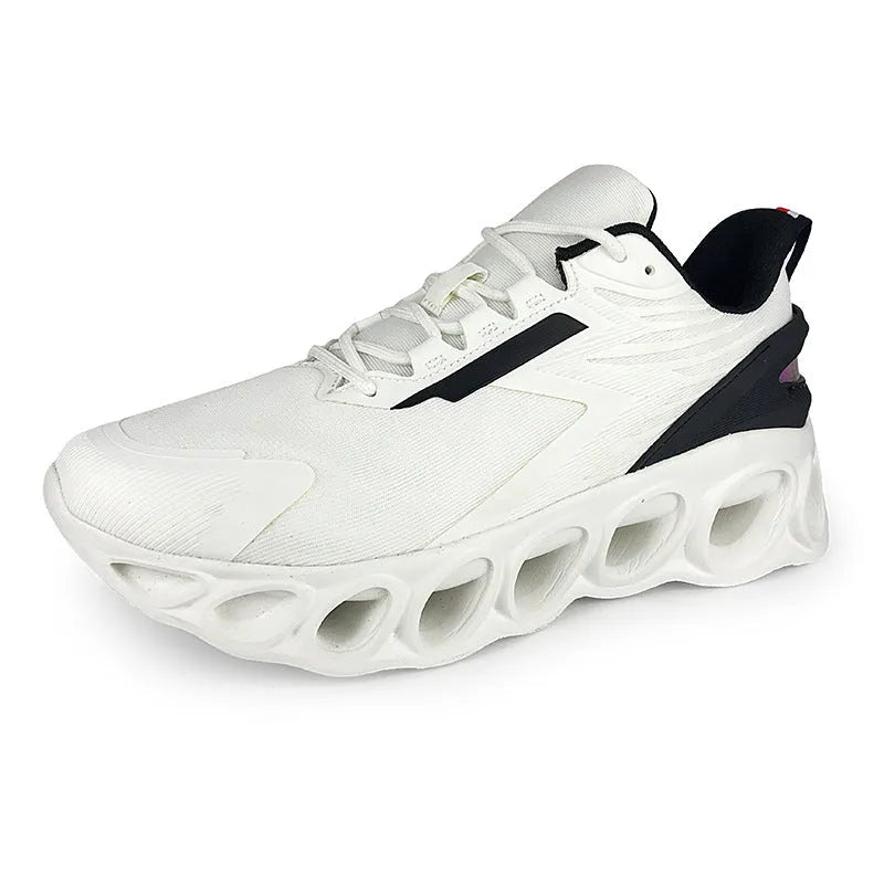 Men's low-top mesh sports shoes in black colour with white sole and lace-up front
