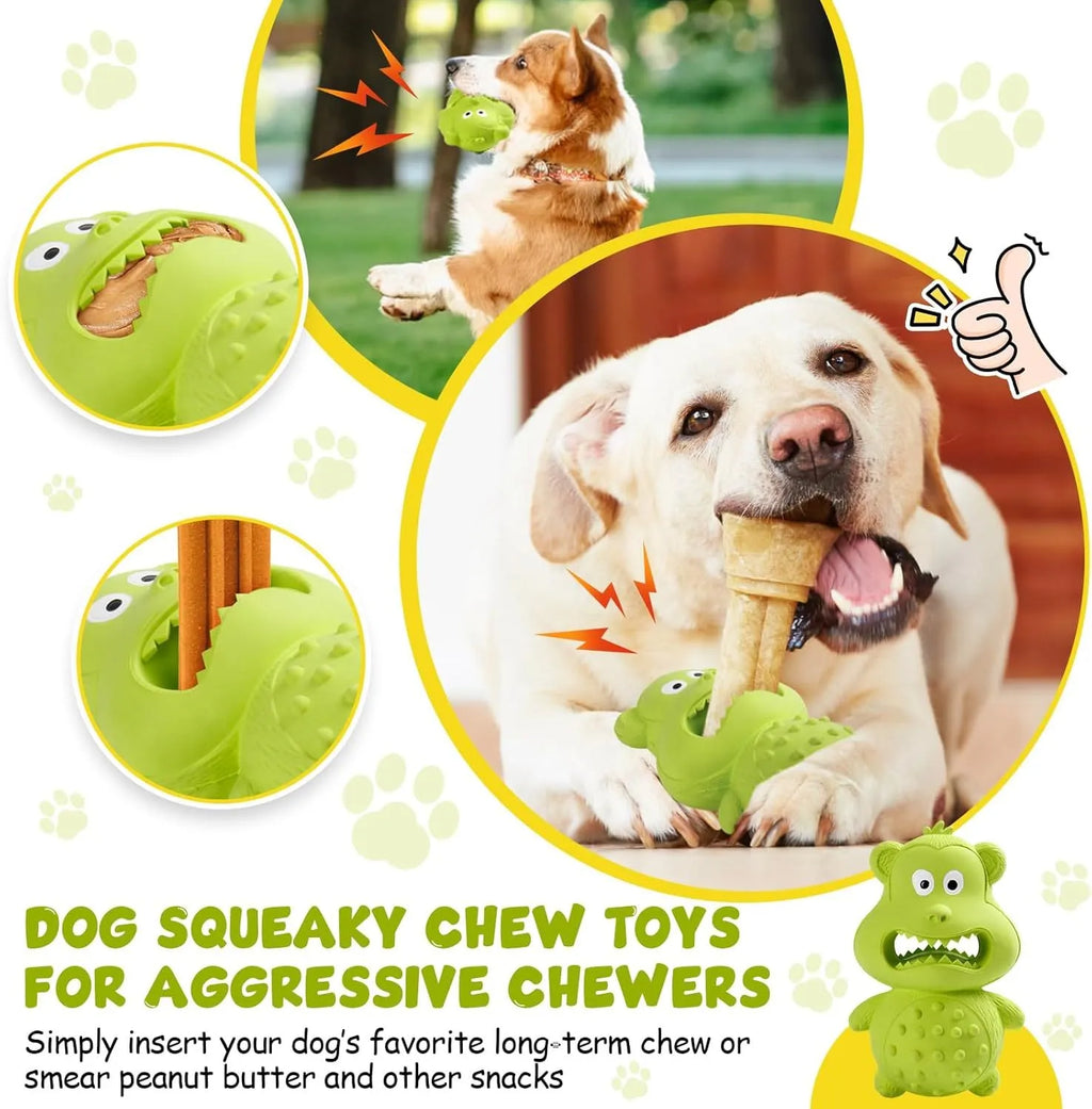 Green and yellow thick natural rubber dog toy with squeaker for aggressive chewers.