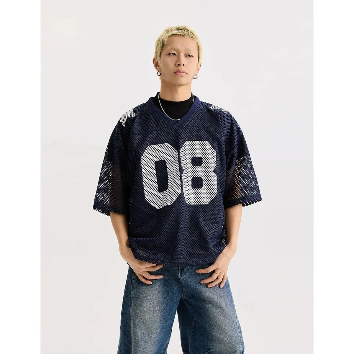 Half sleeve loose fit pullover shirt in black and navy blue polyester fabric
