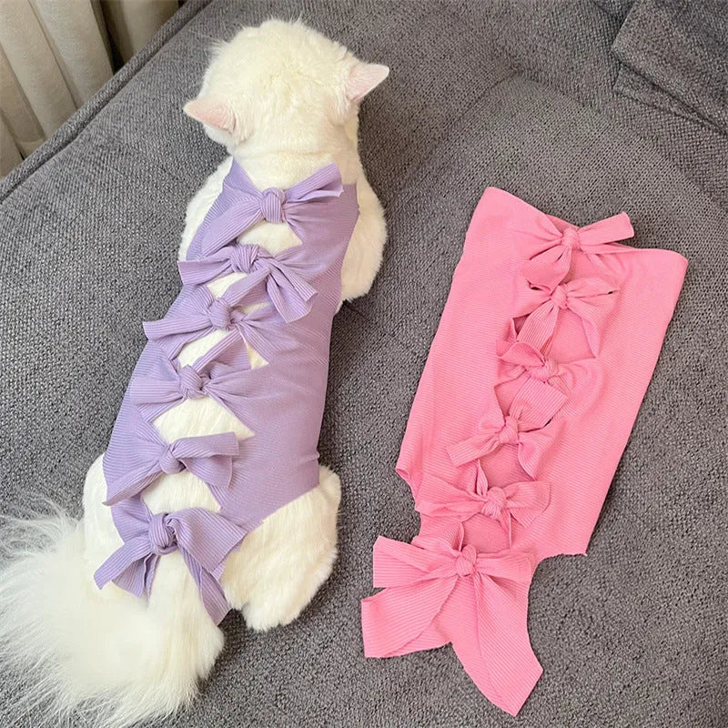Lace-up cat sterilisation clothing in polyester fabric showing adjustable fastening and available colour options