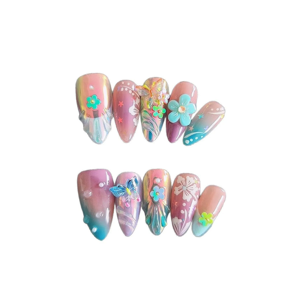 Handmade colourful small flower and butterfly sculpture manicure nails in floral patterns