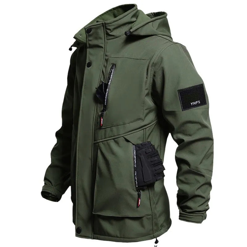 Fleece-lined waterproof jacket suit two-piece set in Black, Army Green, and Gray, sizes 165-190, for men and women