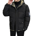 Men's hooded cotton-padded coat in loose cardigan style, black colour, with polyester filling