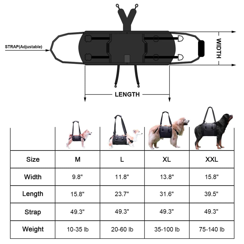 Black Oxford cloth dog harness with adjustable breast strap shown in four sizes