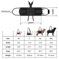 Black Oxford cloth dog harness with adjustable breast strap shown in four sizes