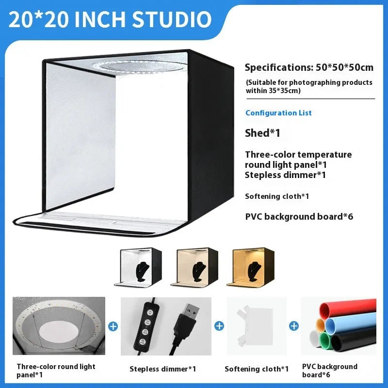 50cm studio light box with five-side folding design and three-colour lighting