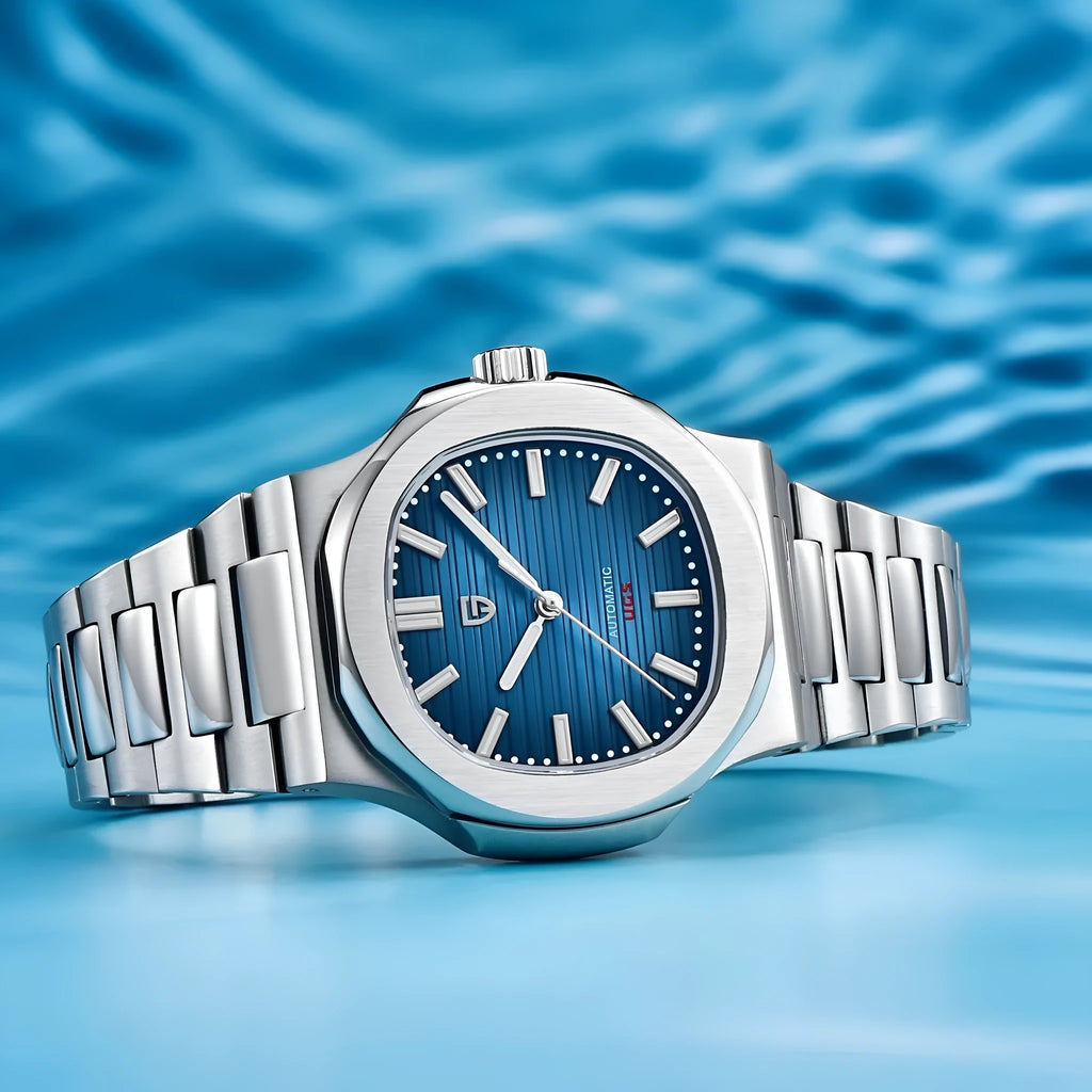 Men's stainless steel automatic waterproof barrel-shaped wristwatch, 14mm thickness, business style, blue dial and rose gold case