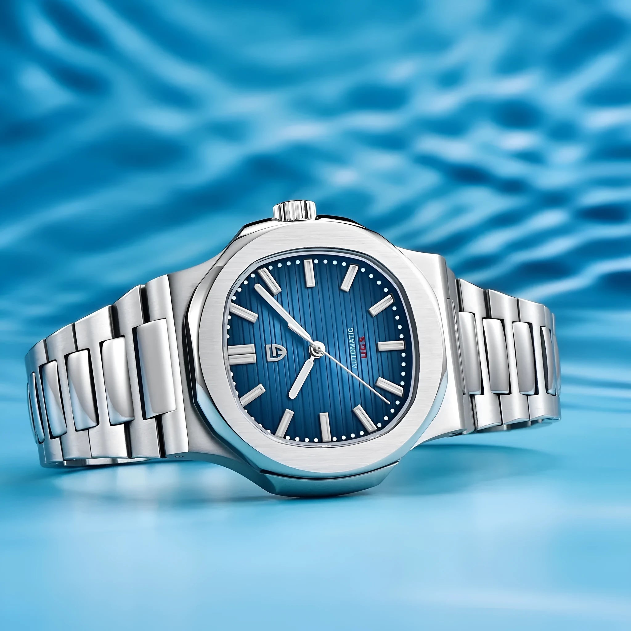 Men's stainless steel automatic waterproof barrel-shaped wristwatch, 14mm thickness, business style, blue dial and rose gold case