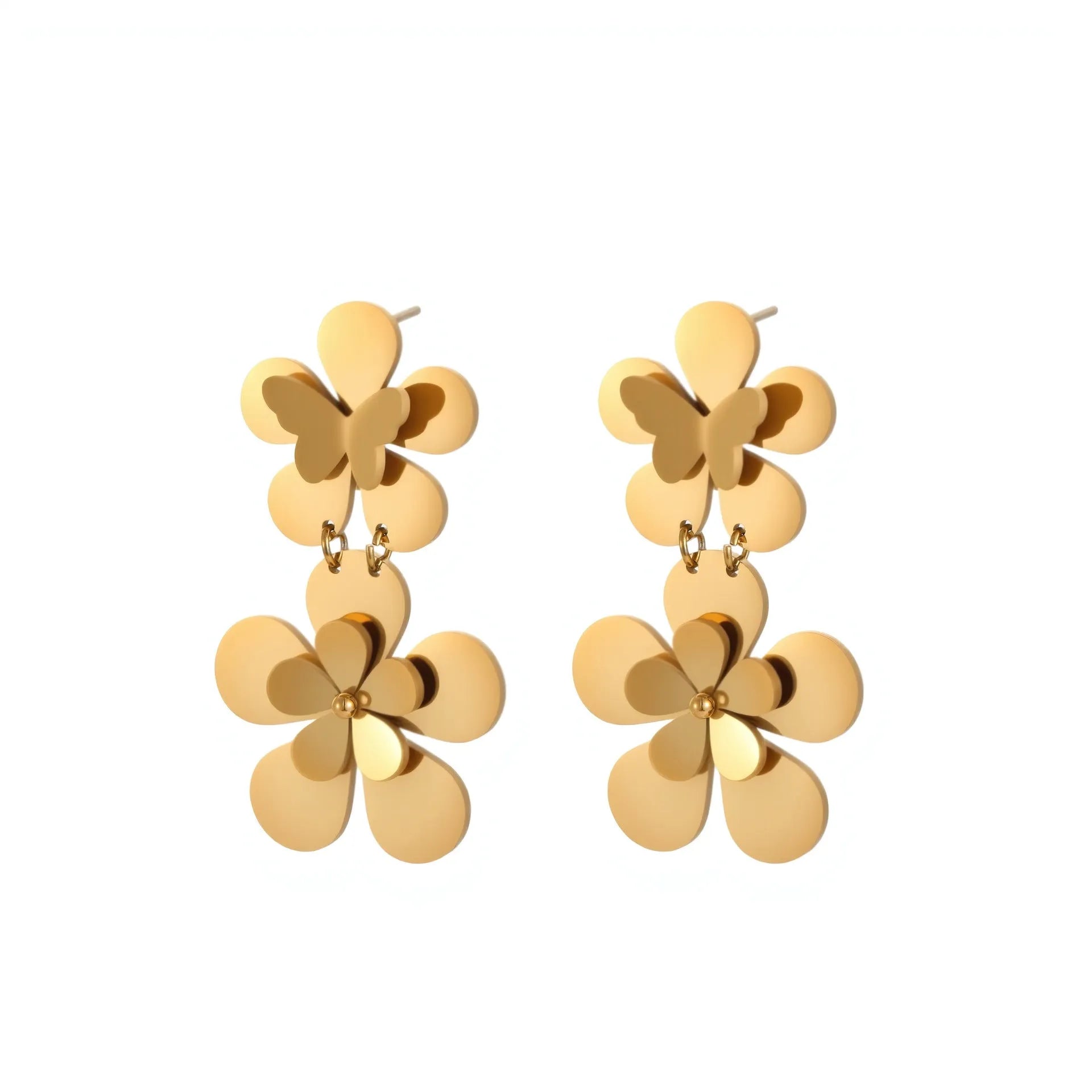Gold butterfly earrings with floral design for women, stainless steel with 18K electroplating