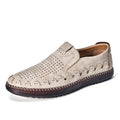 Men's brown slip-on casual shoes with round toe, low-top design, and visible sewn sole