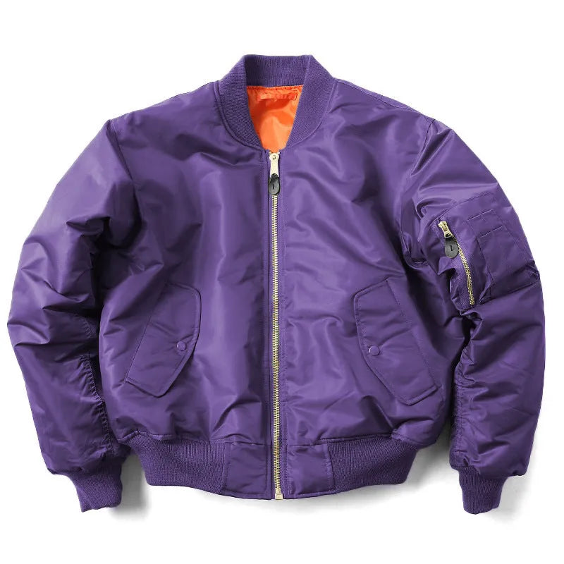 Men's loose fit nylon pilot jacket in army green, shown with cotton padding and double-sided wear-resistant construction.