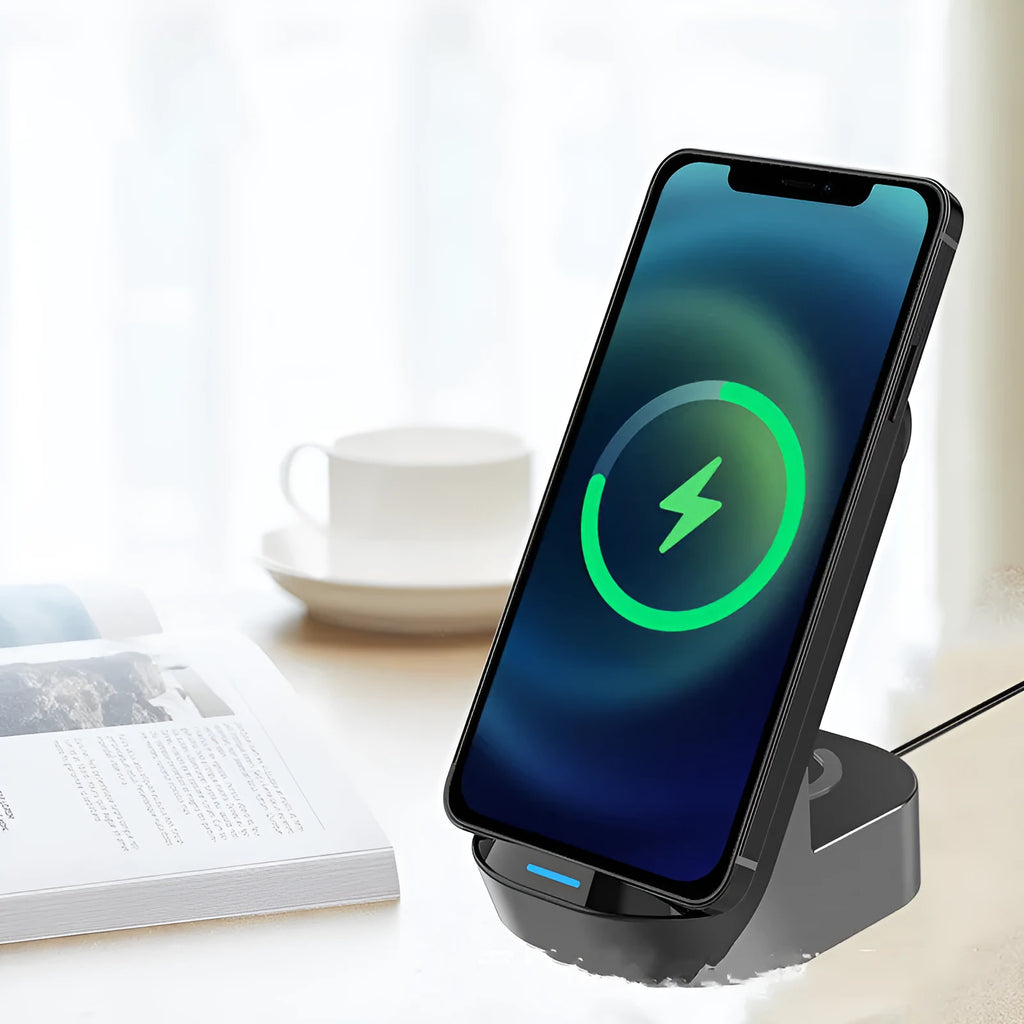 Black foldable 3-in-1 wireless charging stand showing phone, watch and earbuds case charging simultaneously.
