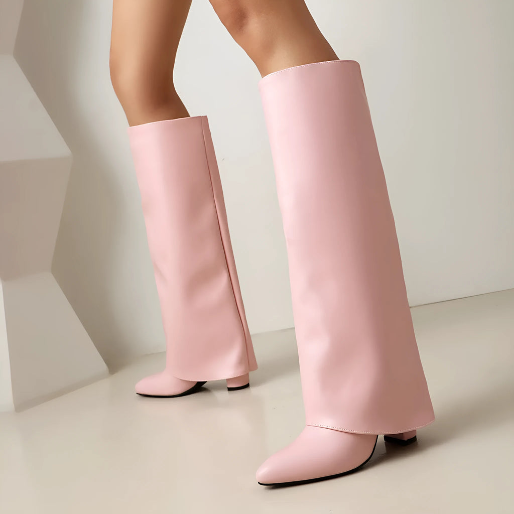 Women's plus size thick high heel knee-high boots in black, white or pink